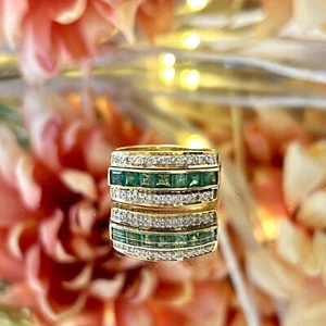 3Ct Princess Simulated Green Emerald Wedding Band Ring In 14K Yellow Gold Plated - Picture 1 of 4