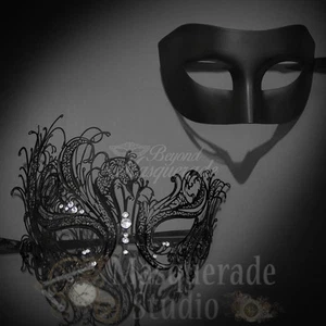 Paare schwarz minimalistisch und schwarz Schwan Kostüm Party Maskerade Maske Set - Bild 1 von 4