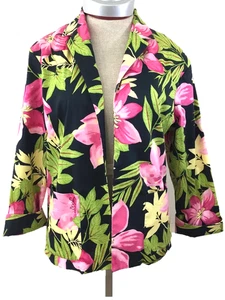 Erin London blazer Size M stretch 3/4 cuffed sleeve bright pink black floral - Picture 1 of 5