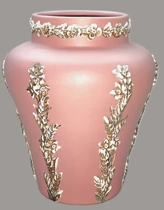 Ecanada PINK JASPERWARE Vase Canada Art Pottery Relief Design Rose, Gold EXC Vtg - Picture 1 of 12