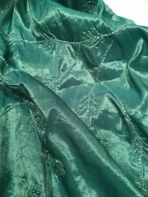 FAUX-SILK GREEN & CRYSTAL GLASS BEADS FABRIC REMNANT 56 CMS. X 74 CMS. ONE ONLY! - Image 1 of 3