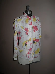 VINTAGE Long Sleeve Button Up Blouse w/Bow tie neck 60s 70s STUNNING Watercolors - Picture 1 of 12