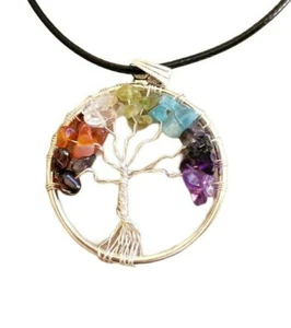 7 Chakra Genuine Gemstone Tree of Life Circle Pendant Healing Energy Necklace - Picture 1 of 5