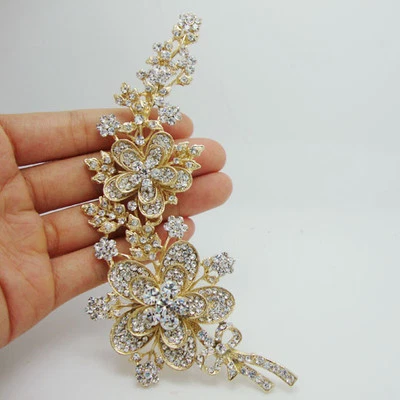 Luxury Rose Long Flower Leaf Gold tone Brooch Pin Clear Rhinestone Crystal - Image 1 of 4