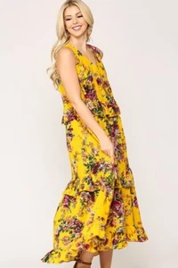 GIGIO Womens Yellow Floral Maxi Dress Size M Ruffles Sundress Cottage Prairie - Picture 1 of 5