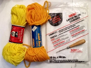 Latch Hook Craft LOT 2 Skeins of Orange Yellow Rug Yarn Blank Canvas & Hook Tool - Picture 1 of 1