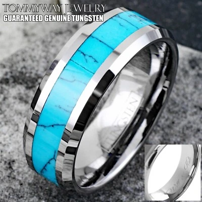Tungsten Carbide Men's Turquoise Inlaid Comfort Fit Wedding Band Ring Size 5-13 - Image 1 of 4