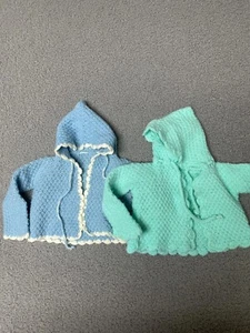 Vintage Baby Hand Knit green & Blue Cardigan Sweaters hooded 12-18 months - Picture 1 of 10