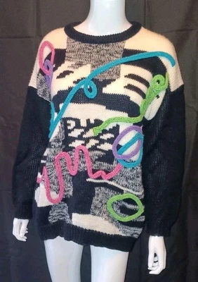 90s Oversized Pop Art Sweater Jamie Scott Squiggle Chunky 1980s Retro Medium VTG - Image 1 of 4