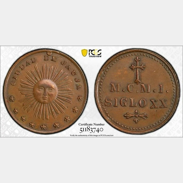 1901 Peru Copper Token City Of Jauja. PCGS MS61BN. POP 1 Of 1. Extremely Rare. - Image 1 of 4