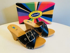 Dr Scholls Women Size 5 Wood High Heel Clog Sandal Black Leather New Italy - Picture 1 of 12