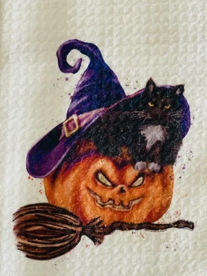 Chapéu bruxa gato preto abóbora Halloween microfibra waffle tecer toalha de cozinha - Imagem 1 de 2