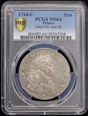 1724-C France Ecu Aux 8 L Buste Jeune Droit PCGS MS64 - Image 1 of 2