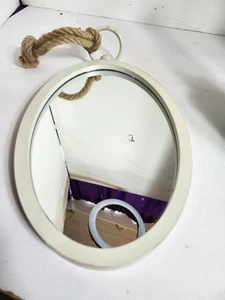 OVAL Mirror Wall Hanging Distressed White Frame Rope Accent Beach/Rustic 11x7.5 - Picture 1 of 8