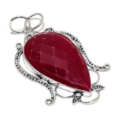Ruby(Simulated) Gemstone Handmade 925 Sterling Silver Pendant 3.07" g745 - Image 1 of 3