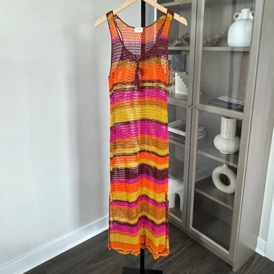 Vestido Anna Kosturova Hecho a Mano Crochet Tejido M Pimento Color Rayas Borla Midi Foto 1 de 4