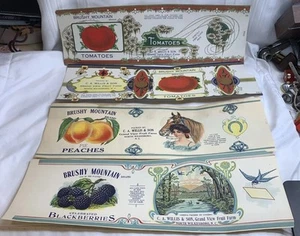 Cuatro etiquetas de frutas antiguas marca Brushy Mountain nuevas nunca aplicadas a la lata - Imagen 1 de 17