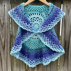 Handmade Cottagecore Girls Crochet Knit Blue Ombre Open Waterfall Vest Sz 5-6 - Picture 1 of 3