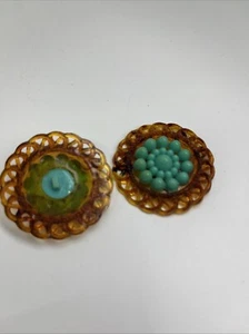 Vintage Ornate Amber Turquoise Plastic Buttons Set Of 2 1.25” Wide - Picture 1 of 5