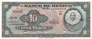 México 10 Pesos 22.12.1948 P 47cs  Series BA Specimen Uncirculated Banknote LBN - Picture 1 of 2