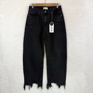 Pantalones de mezclilla SPECIAL A barril negros elásticos desgastados deshilachados para mujer 3/26 nuevos con etiquetas - Imagen 1 de 9