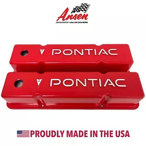 Small Block Chevy Tall RED Valve Covers, Pontiac RAISED Logo (FOR CHEVY ENGINES) - Picture 1 of 9