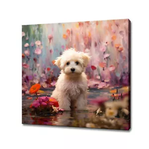 Maltipoo Puppy Dog In Flowers Field Colourful Canvas Print Wall Art Picture Gift - Picture 1 of 9