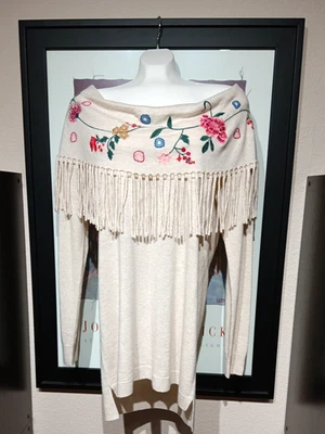 New Johnny Was Nikkola Embroidered Cream Color Cowl Neck Fringe Tunic Top Sz XL - Image 1 of 4