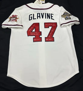 Camiseta deportiva Mitchell Ness firmada por Tom Glavine Stat auténtica de los Atlanta Braves JSA - Imagen 1 de 5