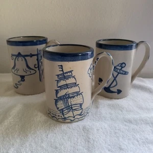 3 Vintage Clipper Ship Mugs Handmade Nautical Stoneware Blue Anchor Bell Sailing - Picture 1 of 9