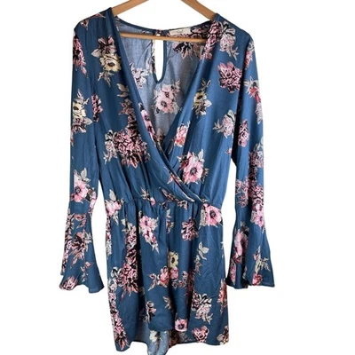 Easel Floral Romper Blue Pink Long Sleeve Surplice Tie Waist Women's Size M - Image 1 of 4