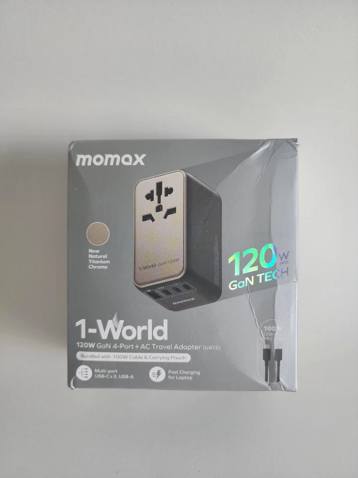 Adaptador de viaje de CA Momax 1-World 120W GaN 4 puertos UA15 USB-C USB-A cargador rápido Foto 1 de 4