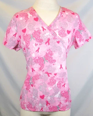 Womens Just Be Scrub Top Pink Breast Cancer Awareness S Small Hearts Butterfly - Image 1 of 4