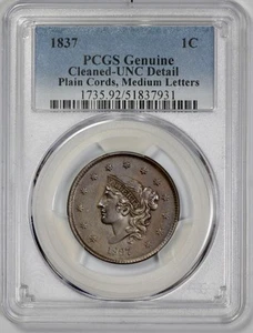 1837 Coronet Head 1c Large Cent PCGS UNC Details Plain Cords Medium Letters - Picture 1 of 4