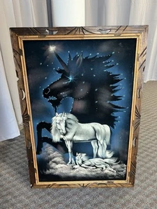 Vintage BLACK VELVET PAINTING Unicorn wall art mid century modern framed mod 70s - Picture 1 of 11