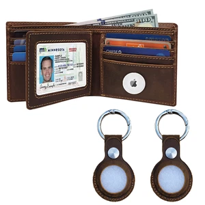 Airtag Wallet & 2-Pack Keychain Genuine Leather Credit Card Holder Air Tag Case - Picture 1 of 28