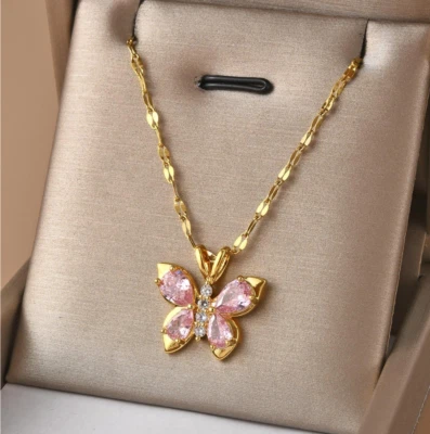 Womens Necklace Pink Butterfly Pendant 18K Gold Plated Stainless Steel Jewelry - Image 1 of 3