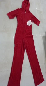 Y2K VINTAGE NEW ECKORED  SIZE XS  VELOUR RUBY RED JUMPSUIT FRONT ZIPPER HOODIE - Picture 1 of 14