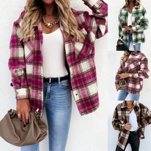 Womens Plaid Check Casual Jacket Shacket Tops Ladies Shirt Loose Coat Oversizedɞ - Picture 1 of 17