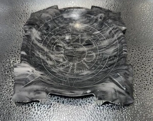 Alabaster Stone Trinket Dish Mandala Design Hand Carved Gray & White 6”x6”x1” - Picture 1 of 9