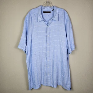 Perry Ellis Linen Cotton Shirt Mens 2XLT Tall Short Sleeve Blue Plaid Vacation - Picture 1 of 13