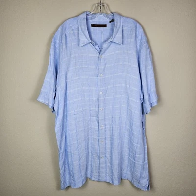Perry Ellis Linen Cotton Shirt Mens 2XLT Tall Short Sleeve Blue Plaid Vacation - Image 1 of 4