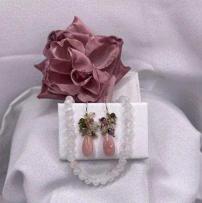 Pink Opal Earrings Natural Briolette 14K Gold Filled Tourmaline Drop - Image 1 of 4