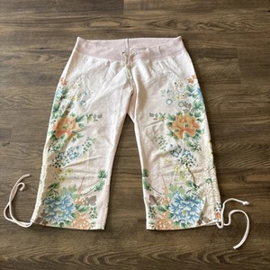 Y2K Lucky Brand Sweatpants Sz XS Capri Ruched Leg Floral Boho Penny Big Bang - Picture 1 of 10