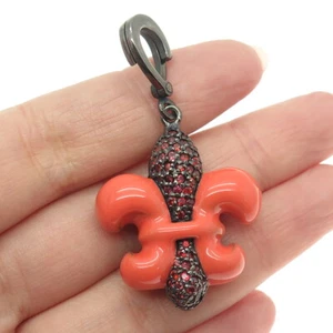 925 Sterling Silver Black Rhodium Enamel Real Red Sapphire Fleur de Lis Pendant - Picture 1 of 7