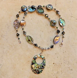 Abalone Shell Necklace Hematite gemstone & Freshwater pearls & crystal beads - Picture 1 of 4