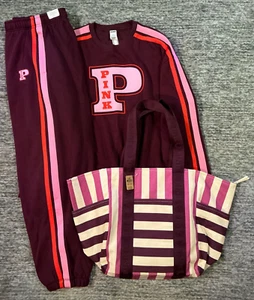 Victoria's Secret Pink Campus Pullover + Campus Hose + Beuteltasche Set Wild Rose L Neu mit Etikett - Bild 1 von 17