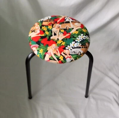 Vintage upcycled mid century small stool red Hula Girls pin up girl fabric - Image 1 of 4