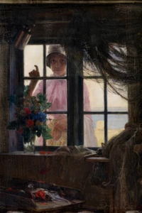 Impresión artística giclee después del baño de una niña llamando a la ventana del pescador - Imagen 1 de 3