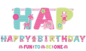 HAPPY 1ST BIRTHDAY SIGN BABY GIRL BOY PINK BANNER large party animals One monkey - Picture 1 of 3